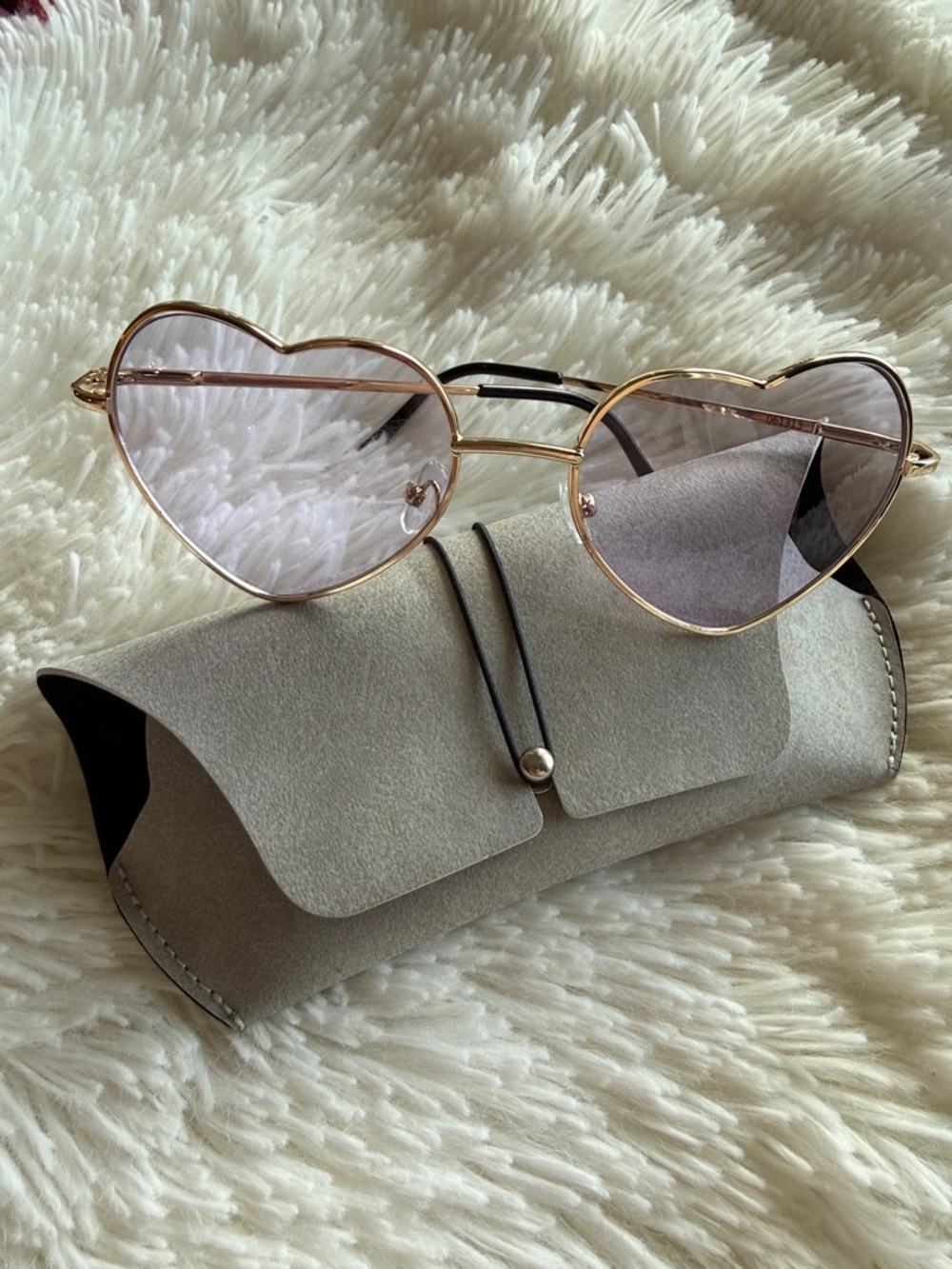 NWOT BTS Inspired Gold Heart-Shaped Sunglasses with Purple Tint, Case Included